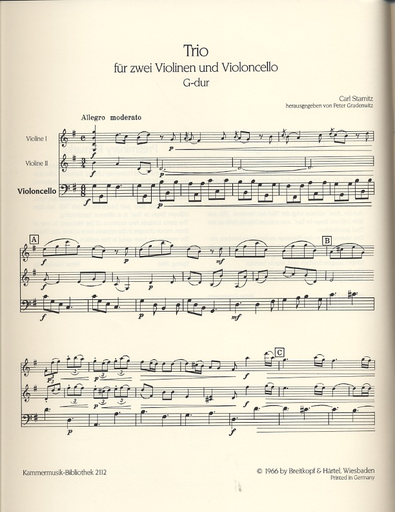 Stamitz, Karl: Trio in G (2 violins & cello) score & parts