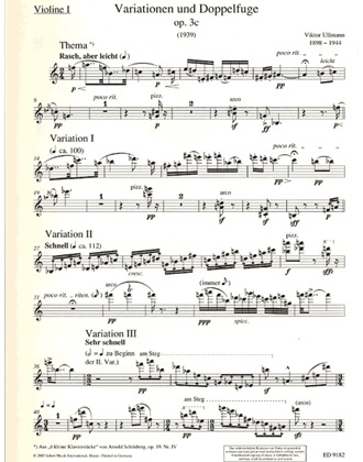 Ullmann, V.: Variationen und Doppelfugeon; A Theme by Arnold Schoenberg, op. 3c (String Quartet score and parts)