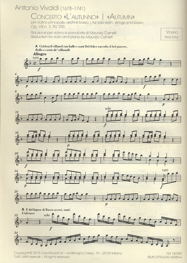 Vivaldi (Carnelli): The Four Seasons (violin & piano) Ricordi