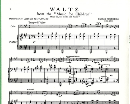 Prokofiev, Sergei (Piatigorsky): Waltz Op.65 from ''Music for Children'' (Cello & Piano)