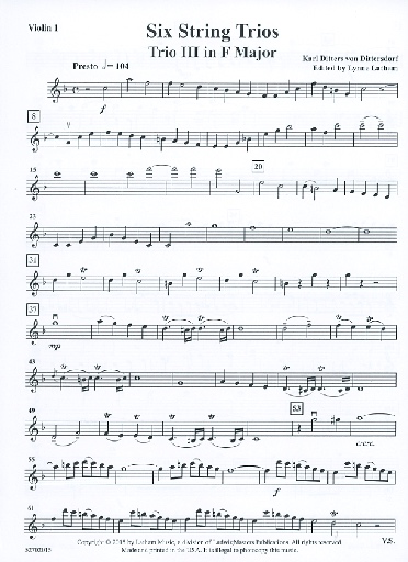 von Dittersdorf, K.D. (Latham): 6 String Trios, Trio 3 in F Major (score and parts, with optional viola for 2nd violin part)