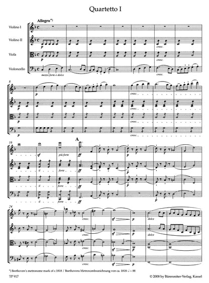Beethoven (Del Mar): String Quartets, Op. 59, Nos. 1-3 -Urtext (study score) Barenreiter