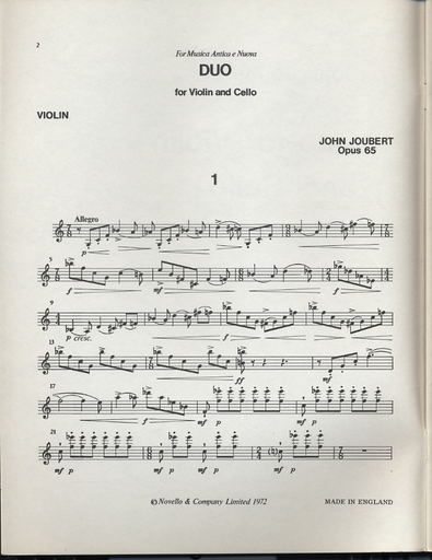 Joubert, John: Duo for Violin and Cello, Op.65 (score & parts) Special Import Item