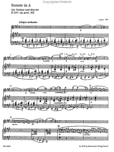 Schubert, Franz (Wirth).: Sonata in A D574 (violin & piano) Barenreiter Urtext
