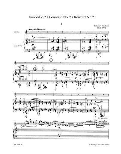 Martinu, B. (Karel Solc): Concerto No. 2 for Violin and Orchestra, H. 293 (violin & piano reduction) Barenreiter