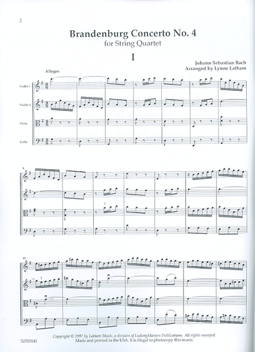 Bach, J.S. (Latham): Brandenburg Concerto No. 4 arranged for string quartet (score & parts)