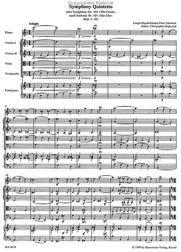 Haydn, F.J. (Hogwood): Clock Symphony (flute, 2 violins, viola, cello, piano) Barenreiter