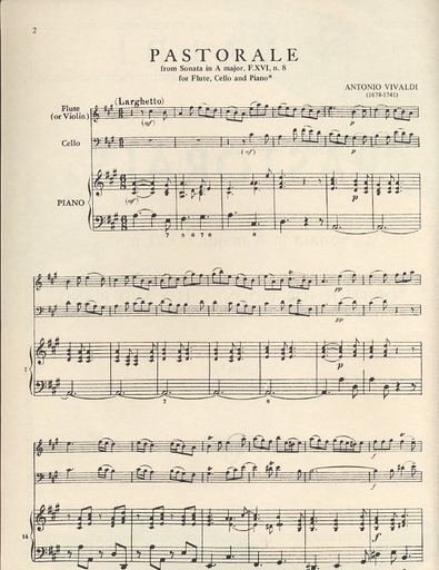 Vivaldi, Antonio: Pastorale Second movement from Sonata in A major, F. XVI, n. 8 (flute or violin, cello, piano)