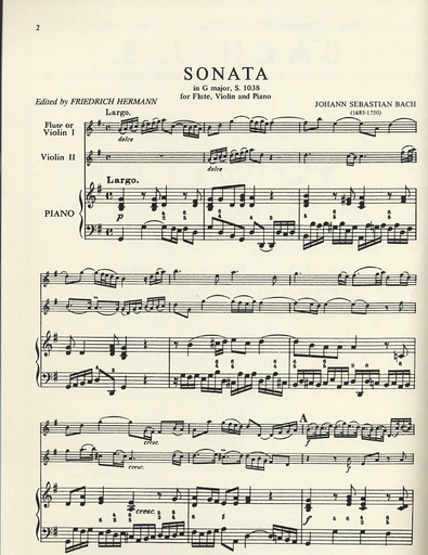 Bach, J.S.: Sonata in G Major, S.1038 (violin, flute, and piano)(two violins, and piano)