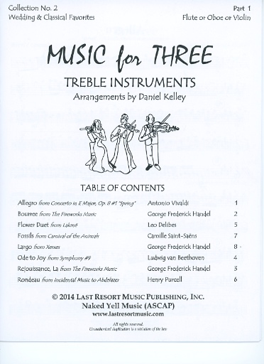 Kelley, Daniel: Music for Three Treble Instruments: Wedding & Classical Favorites, COLLECTION 2-complete set of six parts for mix n match trio