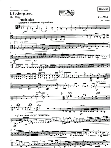 Weill, K.: String Quartet No. 1, Op.8 (2 violins, viola, and cello)