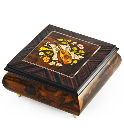 Music box, burl walnut & rosewood, with inlaid lute, Magic Flute melody, Sorrento, ITALY