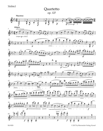 Beethoven (Del Mar): String Quartet in E-flat major, Op. 127 , Urtext (string quartet parts) Barenreiter