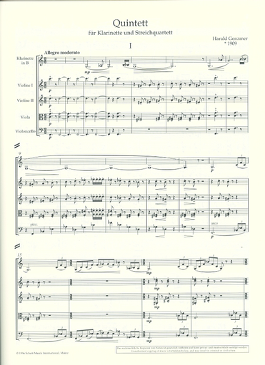 Genzmer, Harald: Quintett for clarinet and string quartet (score & parts)
