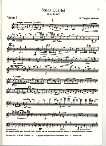 Vaughan Williams: String Quartet in g minor (set of parts)