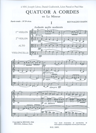 Hahn, Reynaldo: String Quartet in a minor, score and parts