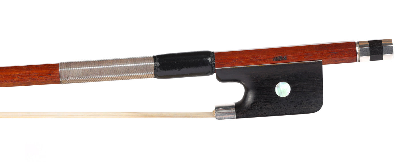 JOHN STAGG octagonal cello bow, stamped J.W.S., silver-mounted, ENGLAND, 80.5g