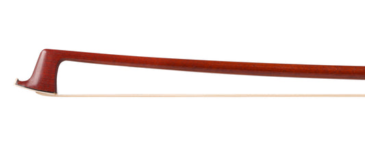 DAVID RUSSELL YOUNG viola bow, round flamed Pernambuco stick with silver-mounted ebony frog with blue Dichrolam pearl, 70.2 grams, Colorado, USA