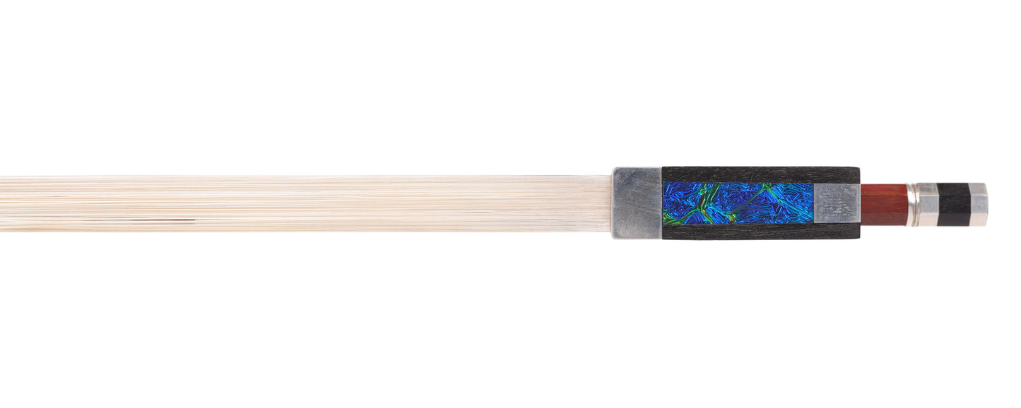 DAVID RUSSELL YOUNG viola bow, round flamed Pernambuco stick with silver-mounted ebony frog with blue Dichrolam pearl, 70.2 grams, Colorado, USA