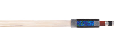 DAVID RUSSELL YOUNG viola bow, round flamed Pernambuco stick with silver-mounted ebony frog with blue Dichrolam pearl, 70.2 grams, Colorado, USA