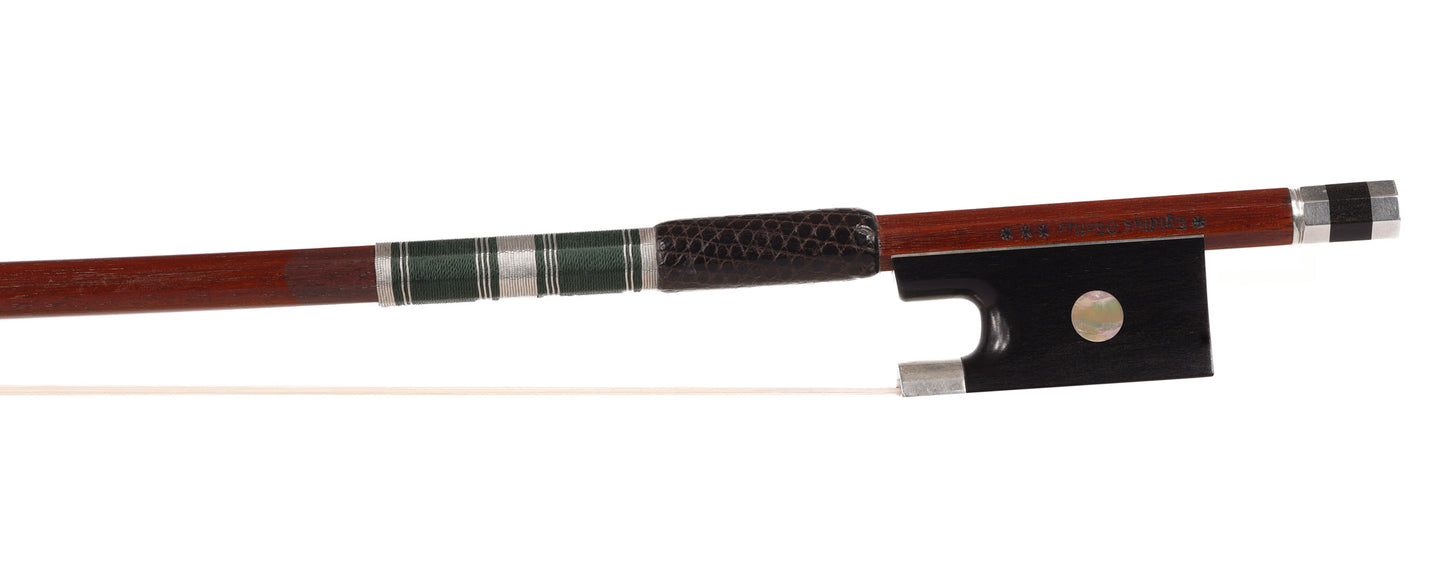 *Egidius Dörfler*** silver violin bow, Ligne Boheme, dark round Pernambuco stick, silver & green grip, 61.3g, GERMANY