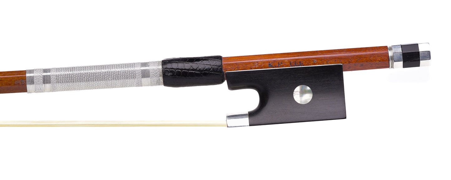 K. P. Lee silver mounted round viola bow, #12, with silver tinsel and silver wire grip, 70.1 grams, USA