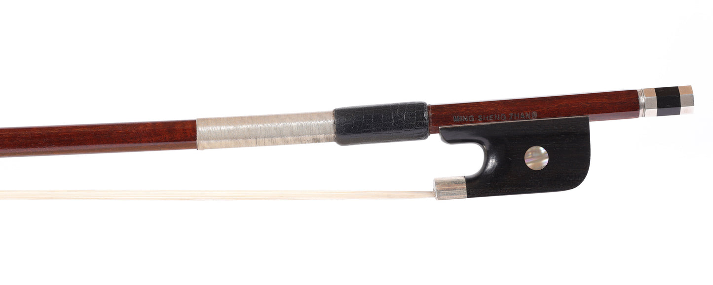 MING-SHENG ZHANG viola bow, highly flamed Pernambuco stick with silver-mounted frog, 72.6 grams