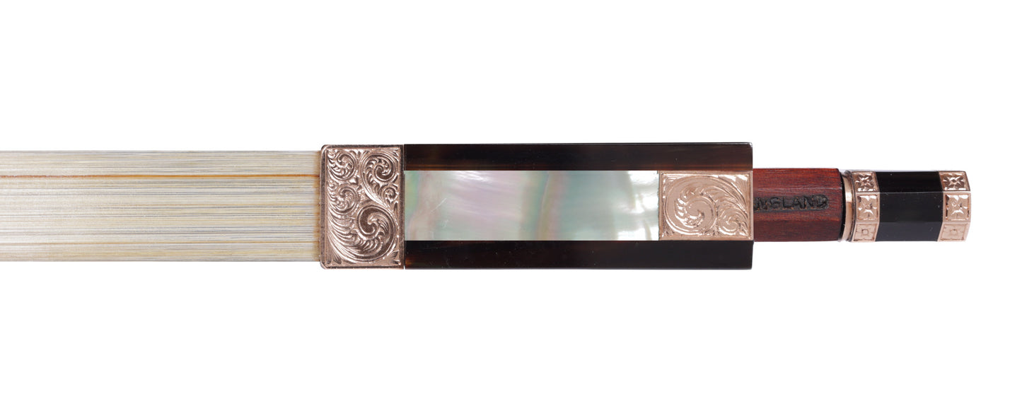 A.R. BULTITUDE violin bow, tortoise shell, chased rose-gold mountings, gold Tudor Rose gold inlays, round stick 61.9 g | Metzler Violins