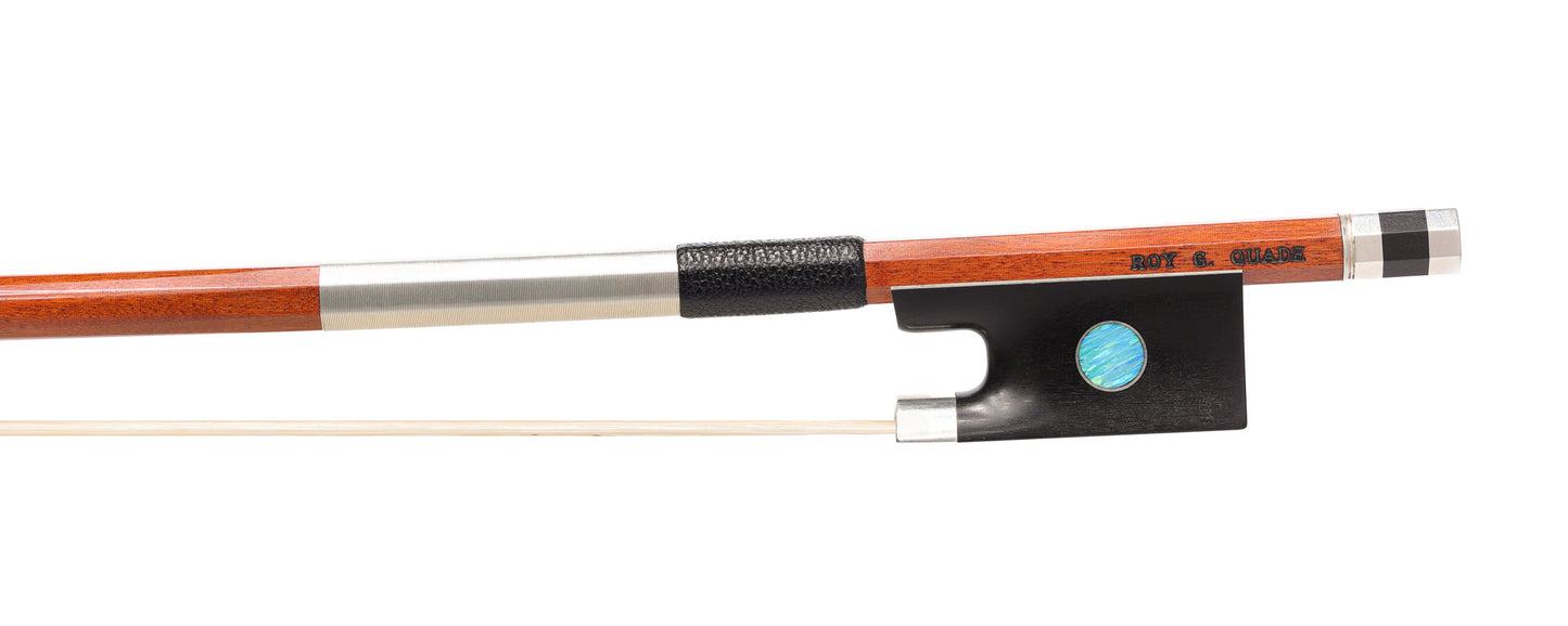 ROY G. QUADE violin bow #187, silver mounted ebony frog with large synthetic opal eyes with silver rings, 59.8 grams, Victoria, CANADA