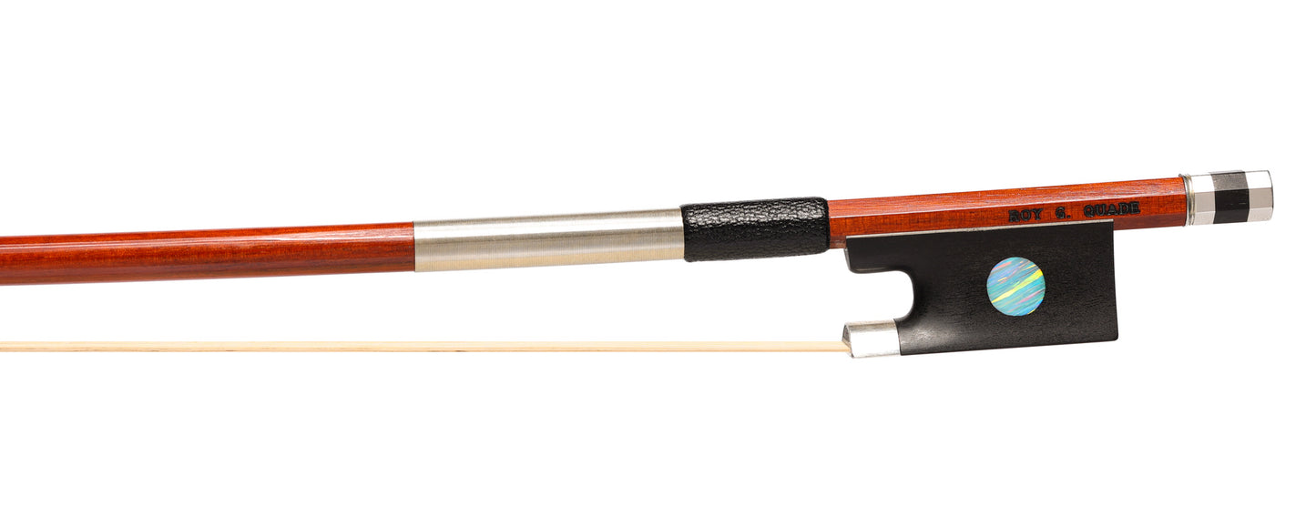 ROY G. QUADE violin bow #164, silver mounted ebony frog with large synthetic opal eyes, 61 grams, Victoria, CANADA