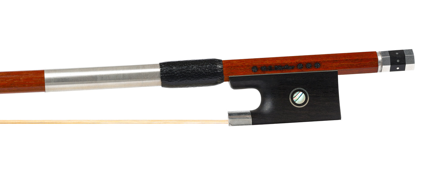 *W.E. Dörfler*** violin bow, dark round Pernambuco stick, ebony & silver mounted frog, Parisian eyes, fancy button, 61 g. GERMANY