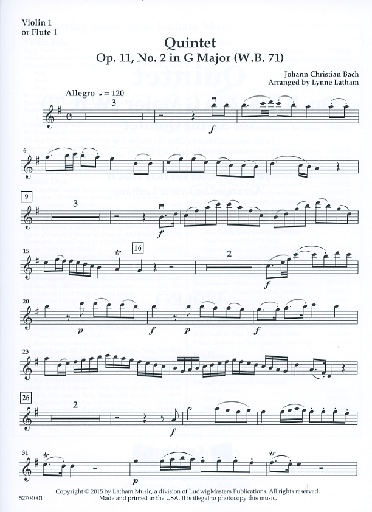 Bach, J.C. (Latham): Quintet, Op. 2, No. 2 in G Major (W.B. 71) for String Quintet (optional flute, oboe, and viola parts) (3 violins, viola, cello, and score)