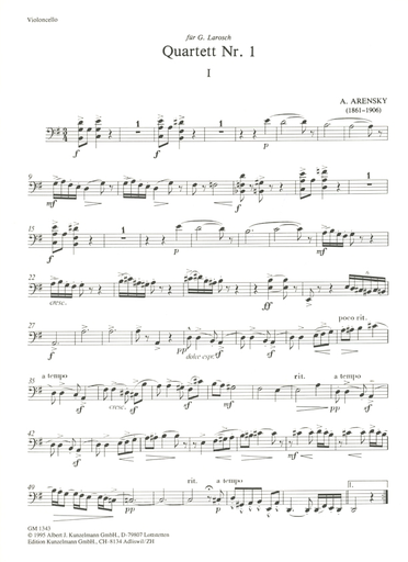 Arensky, Anton: String Quartet No. 1 Op.11 (2 violins, viola, cello) set of parts
