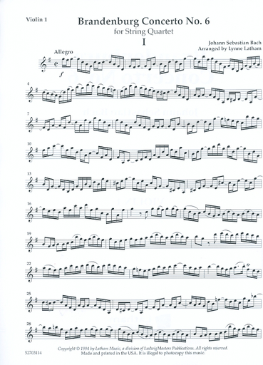 Bach, J.S. (Latham): Brandenburg Concerto No. 6 arranged for string quartet (score & parts)