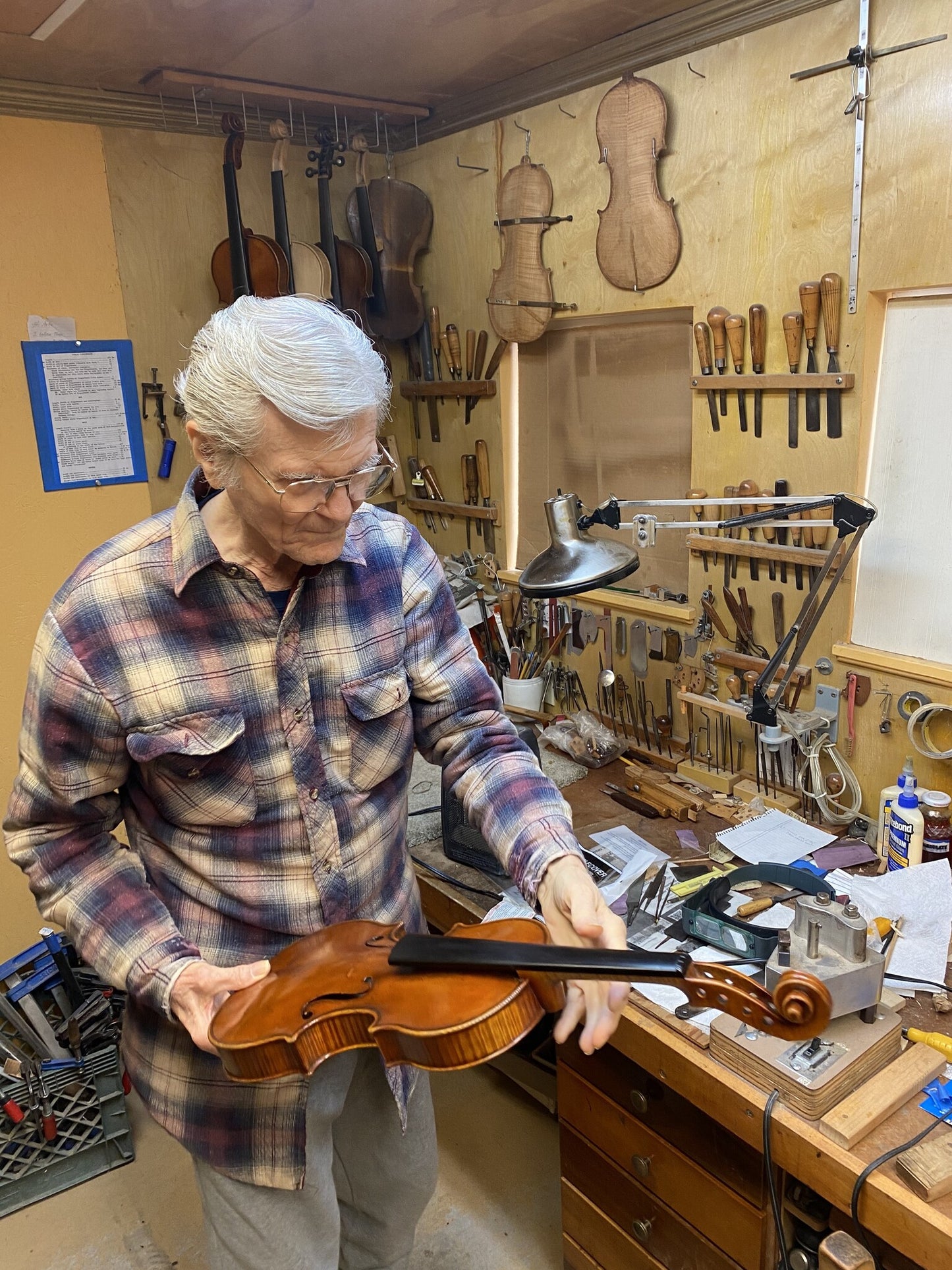 Arlie Moran antiqued violin, opus 6, two-piece back, 1963, Fresno, California (signed)