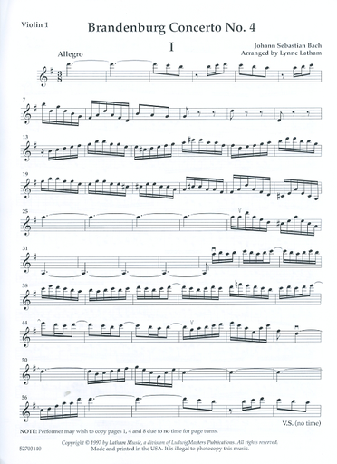 Bach, J.S. (Latham): Brandenburg Concerto No. 4 arranged for string quartet (score & parts)