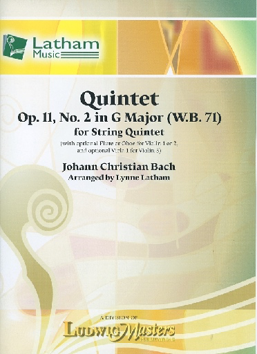 Bach, J.C. (Latham): Quintet, Op. 2, No. 2 in G Major (W.B. 71) for String Quintet (optional flute, oboe, and viola parts) (3 violins, viola, cello, and score)