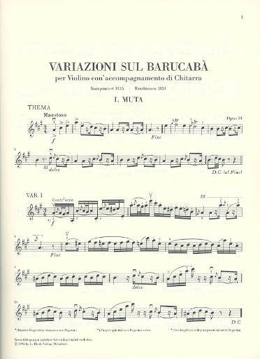 Paganini, N. (de Barbieri): 60 Variations on Barucaba, Op. 14 (violin & guitar)