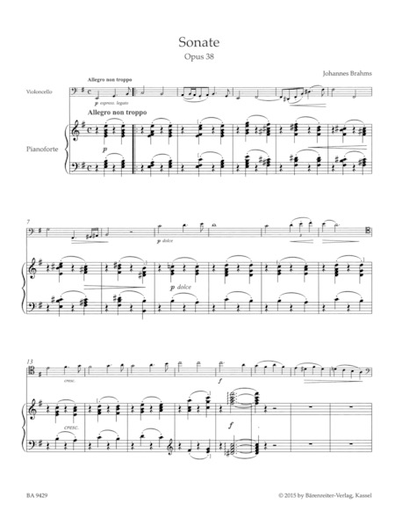 Brahms, Johannes (Brown): Sonata in E minor , Op. 38 (cello and piano) Barenreiter
