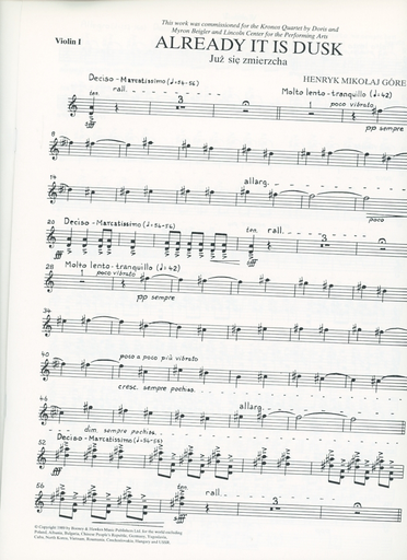 Gorecki, Henryk: String Quartet No. 1, Already It Is Dusk (set of parts)