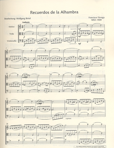 Tarrega, F (Birtel).: Recuerdos de la Alhambra (violin, viola, cello) score & parts