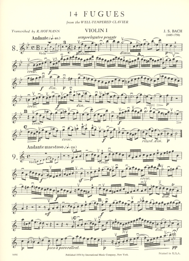 Bach, J.S.: 14 Fugues from The Well-Tempered Clavier, Volume II. For string quartet. Parts.