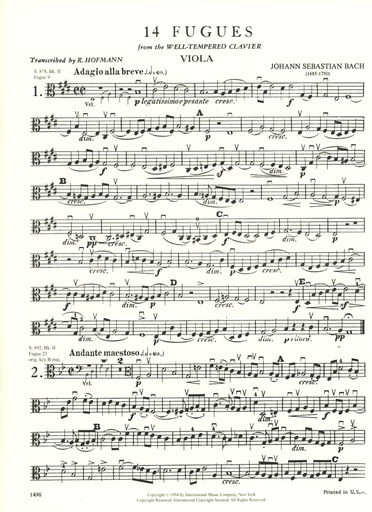 Bach, J.S.: 14 Fugues from the Well-Tempered Clavier, Volume I  For string quartet (set of parts)