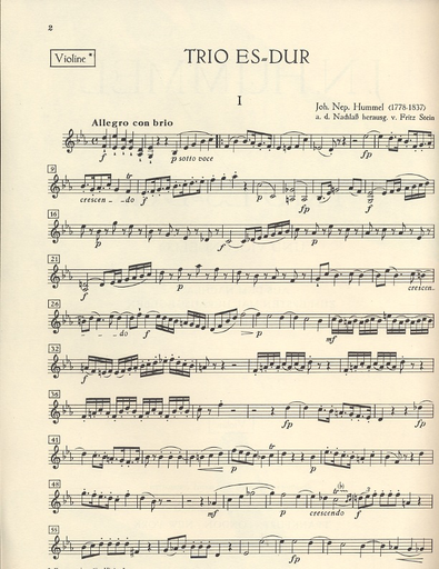 Hummel, Johann Nepomuk: Trio in Eb (violin, viola, cello) or two vioins and cello