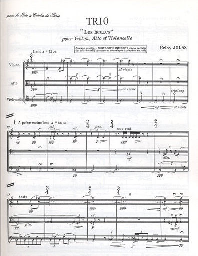 Jolas, Betsy: Trio L'Heures (violin, Viola & cello) score & parts