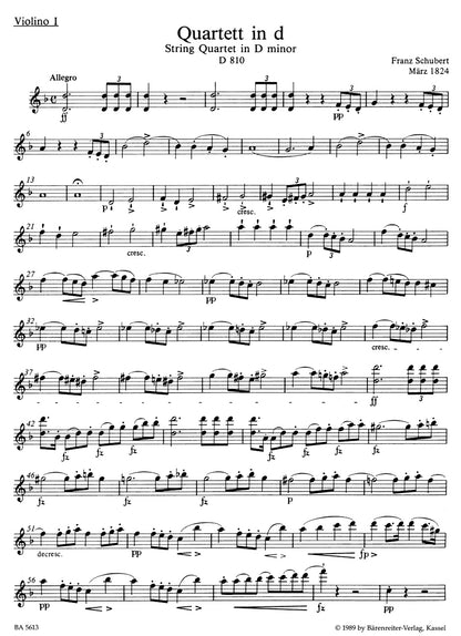 Schubert, Franz: "Death & the Maiden" String Quartet in D minor,  D 810, Barenreiter Urtext