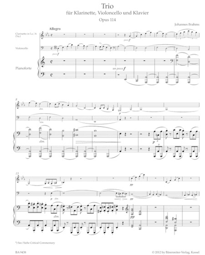 Brahms (Hogwood): Trio in A minor for Clarinet, Cello, & Piano, Op.114 - URTEXT (clarinet/viola, cello, & piano) Barenreiter