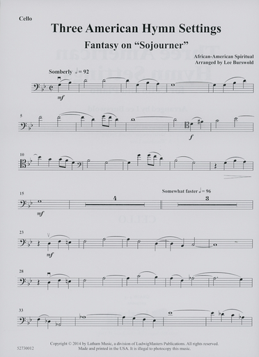 Burswold, Lee (arr): Three American Hymn Settings for cello and piano