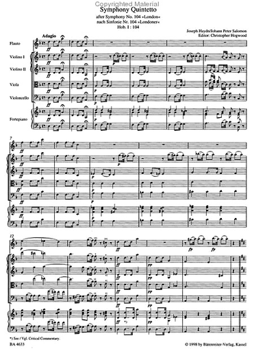 Haydn, F.J. (Hogwood): London Symphony (flute, 2 violins, viola, cello, piano ad libitum) Barenreiter