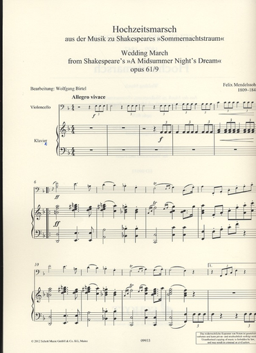 Mendelssohn, Felix:  Wedding March from Shakespeare's ''A Midsummer Night's Dream'' Op. 61 No. 9 (cello & piano)